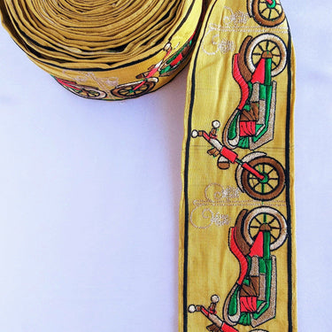 Beige Fabric trim with Embroidered Motorbikes - Brown, Red, Light Gold & Green